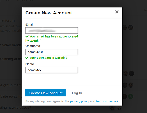 An account creation form with E-Mail address and username, filled out.