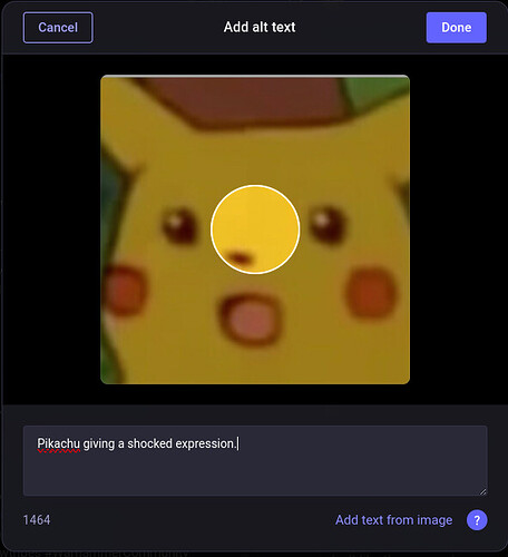 A screenshot of the mastodon upload interface. It features the uploaded image towards the top, with a focus point selector overlayed on it to select where the image preview should center. Below that is a box to type in the alt text that will be read aloud for screen readers, or optionally viewed in the normal interface.