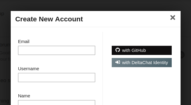 An account creation form - on the right, it says "With Delta Chat".